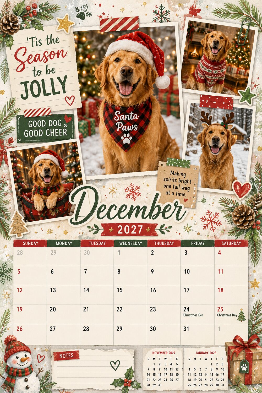 Sample professional calendar design for December — custom dog influencer calendar by Calndr