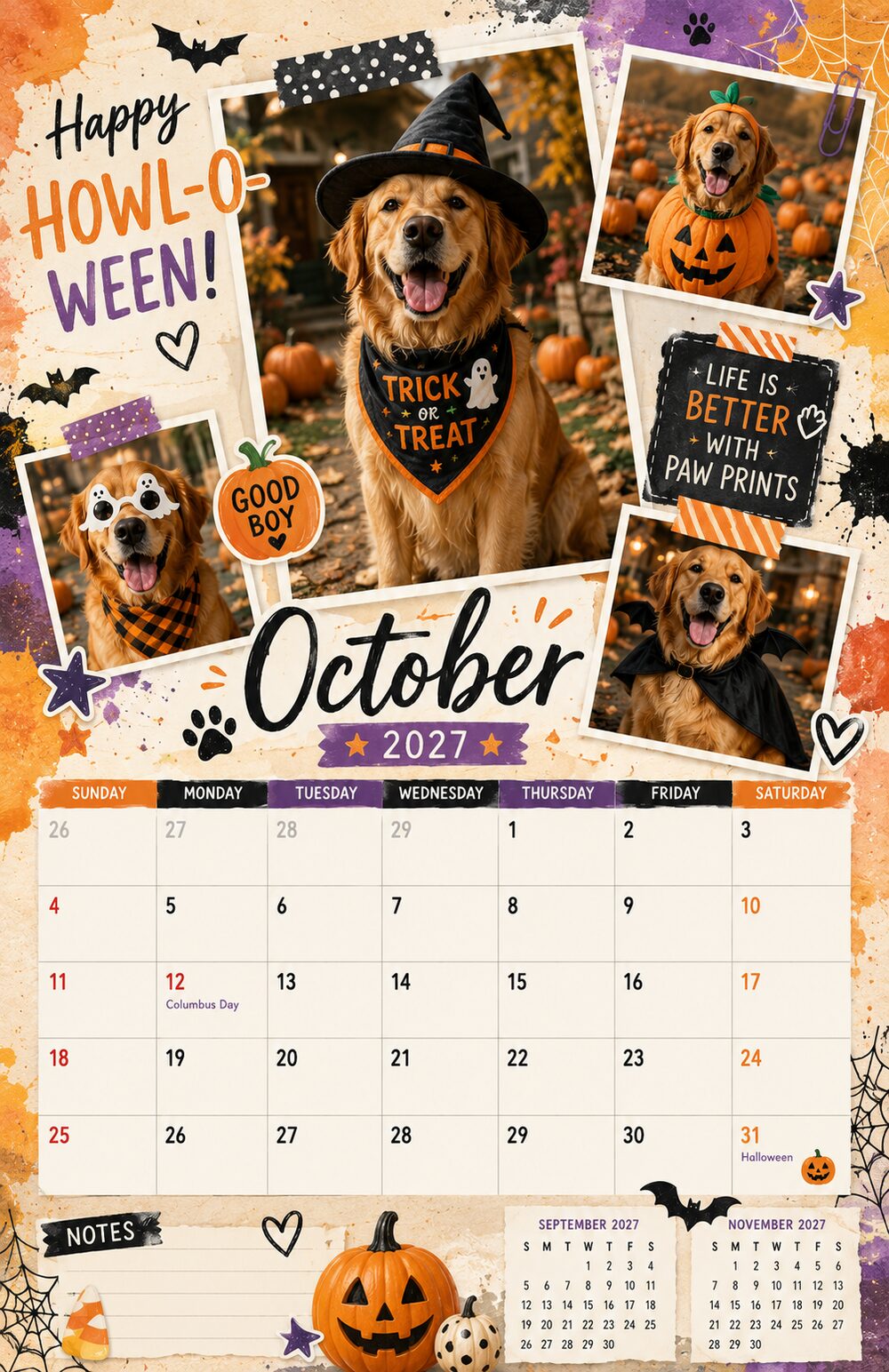 Sample professional calendar design for October — custom dog influencer calendar by Calndr