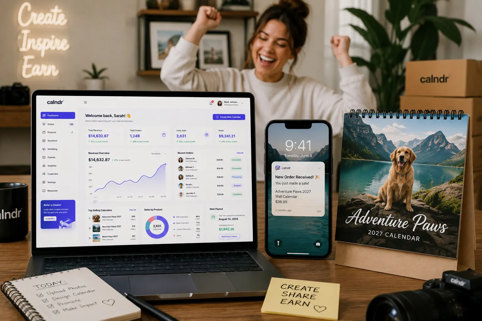 Creator celebrating sales on Calndr dashboard with calendars and phone notifications