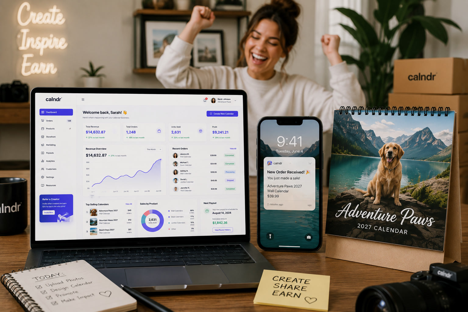 Creator celebrating sales on Calndr dashboard with calendars and phone notifications