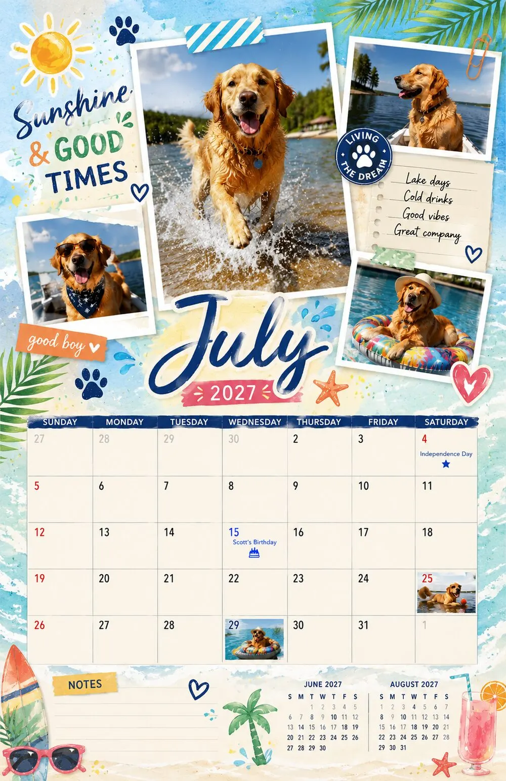 Sample professional calendar design for July — custom dog influencer calendar by Calndr