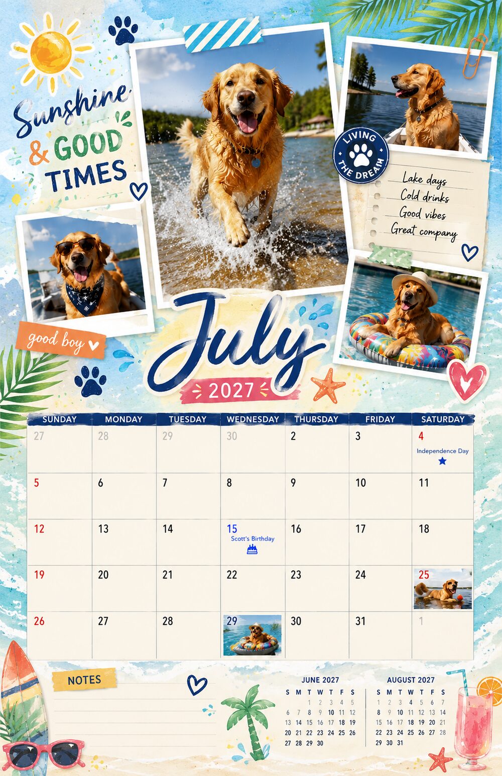 Sample professional calendar design for July — custom dog influencer calendar by Calndr