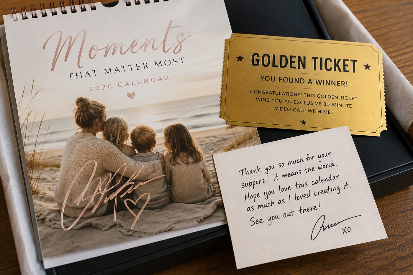 Signed calendar with golden ticket and handwritten note — Calndr creator perks